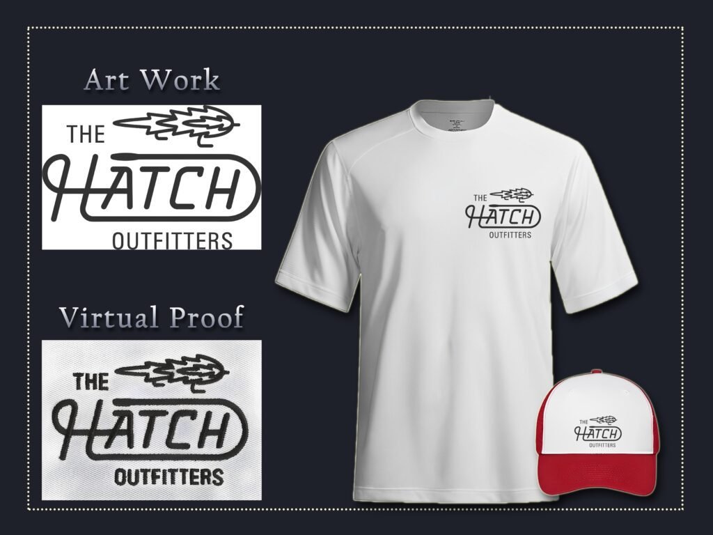 The Hatch Outfitters Fishing Script Logo Embroidery