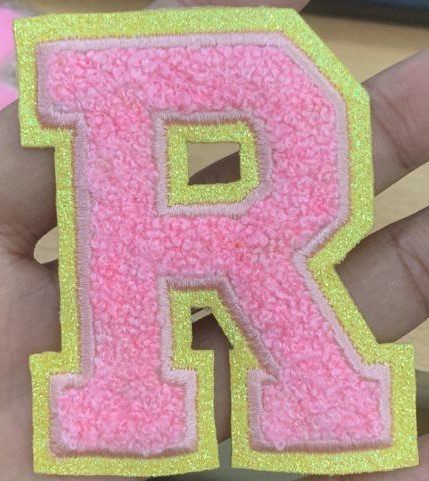 Glitzy Hot Pink Chenille Patch – Letter R with Gold Border