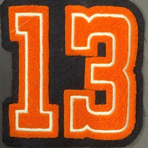 Custom Orange Chenille Varsity Number 13 Patch – Black and White Border