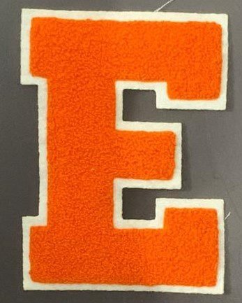 Orange Varsity Chenille Letter E White Felt Border